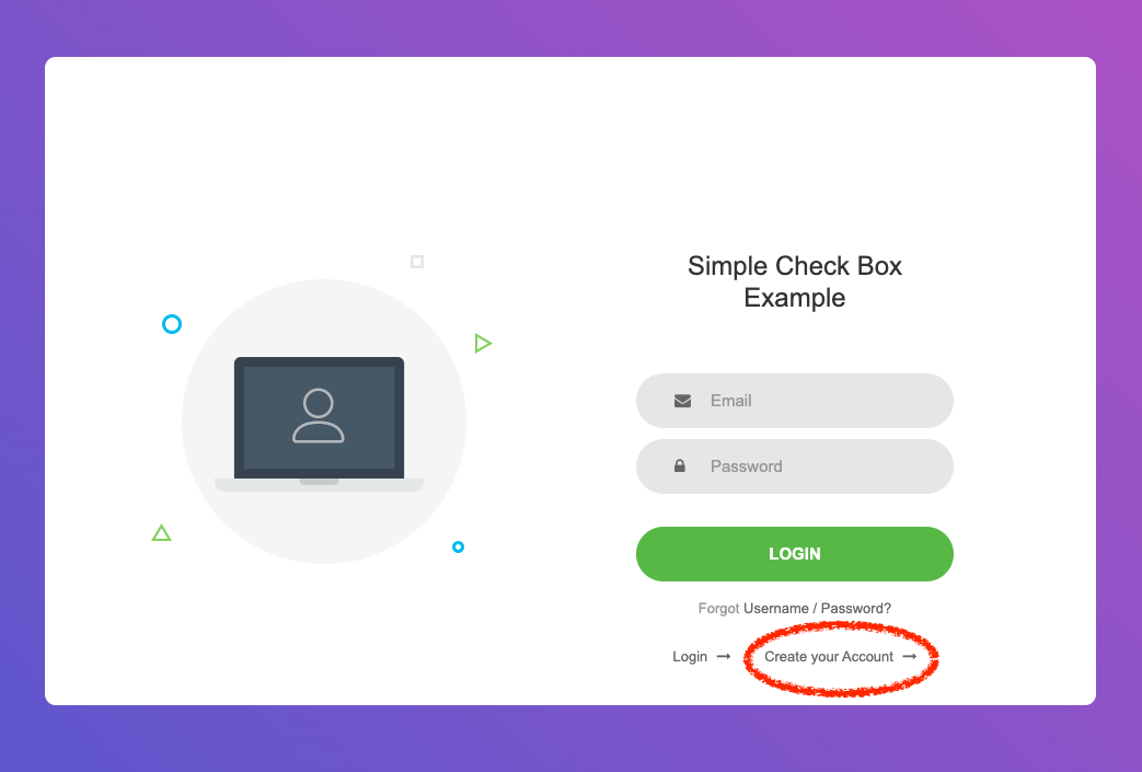 The log-in screen has an account creation button on the bottom right, circled in red.