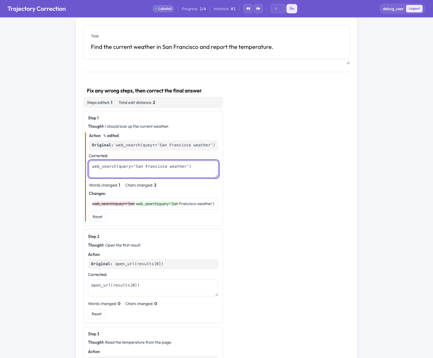 Trajectory correction editor